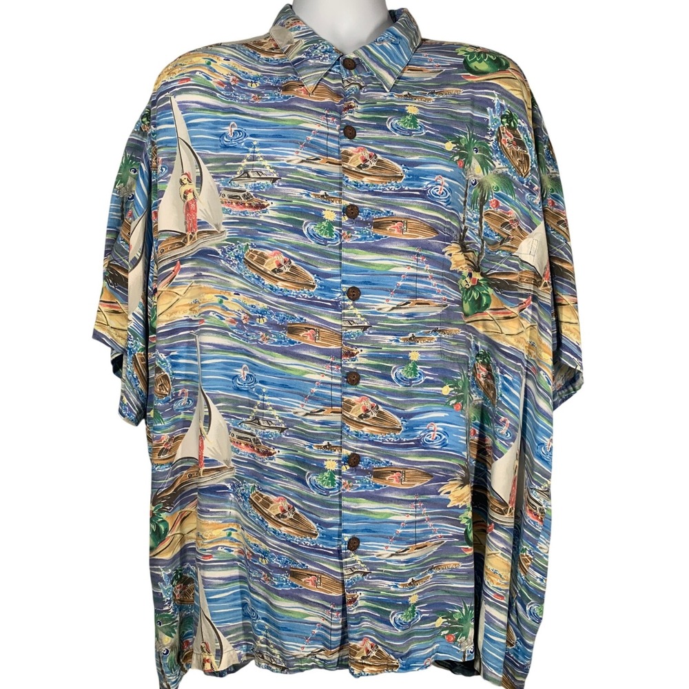Vintage Kahala 2XL Hawaiian Shirt Girl Christmas Surf Boats Rayon Made Hawaii